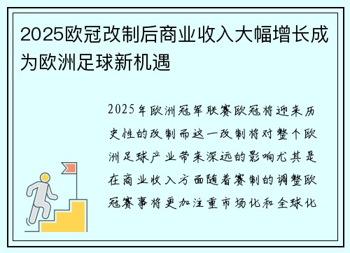 2025欧冠改制后商业收入大幅增长成为欧洲足球新机遇