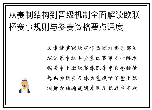 从赛制结构到晋级机制全面解读欧联杯赛事规则与参赛资格要点深度